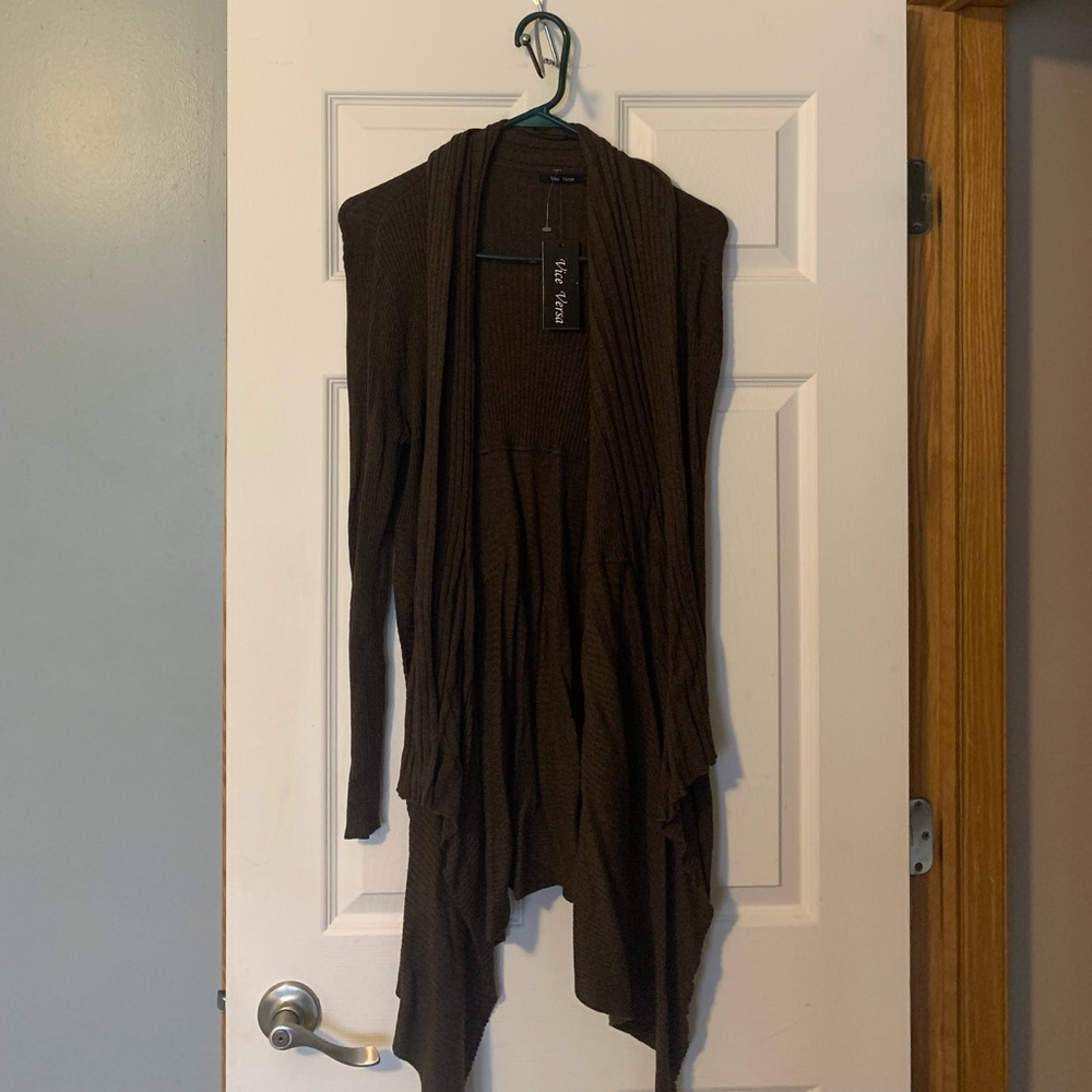 Size L ViceVersa WOMENS brown long cardigan, scarf like collar detail
